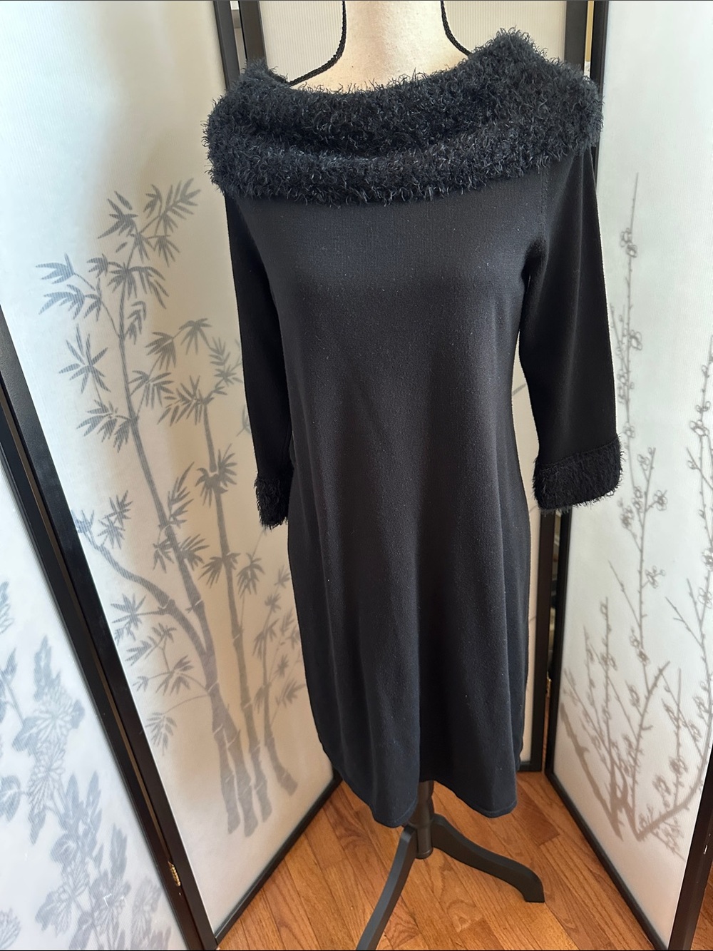 Spense Black Midi Dress with Faux Fur Boatneck Trim